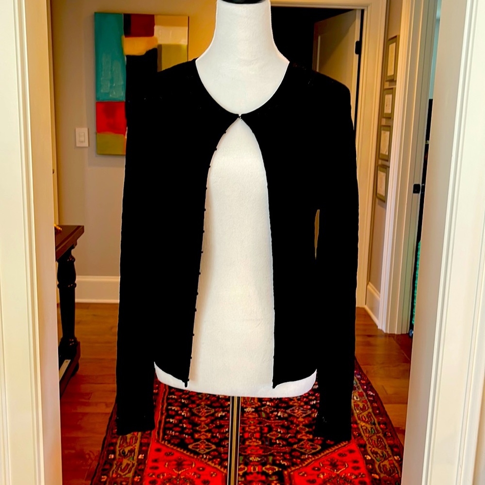 Cardigan sweater black with texture and hook and eye clasps